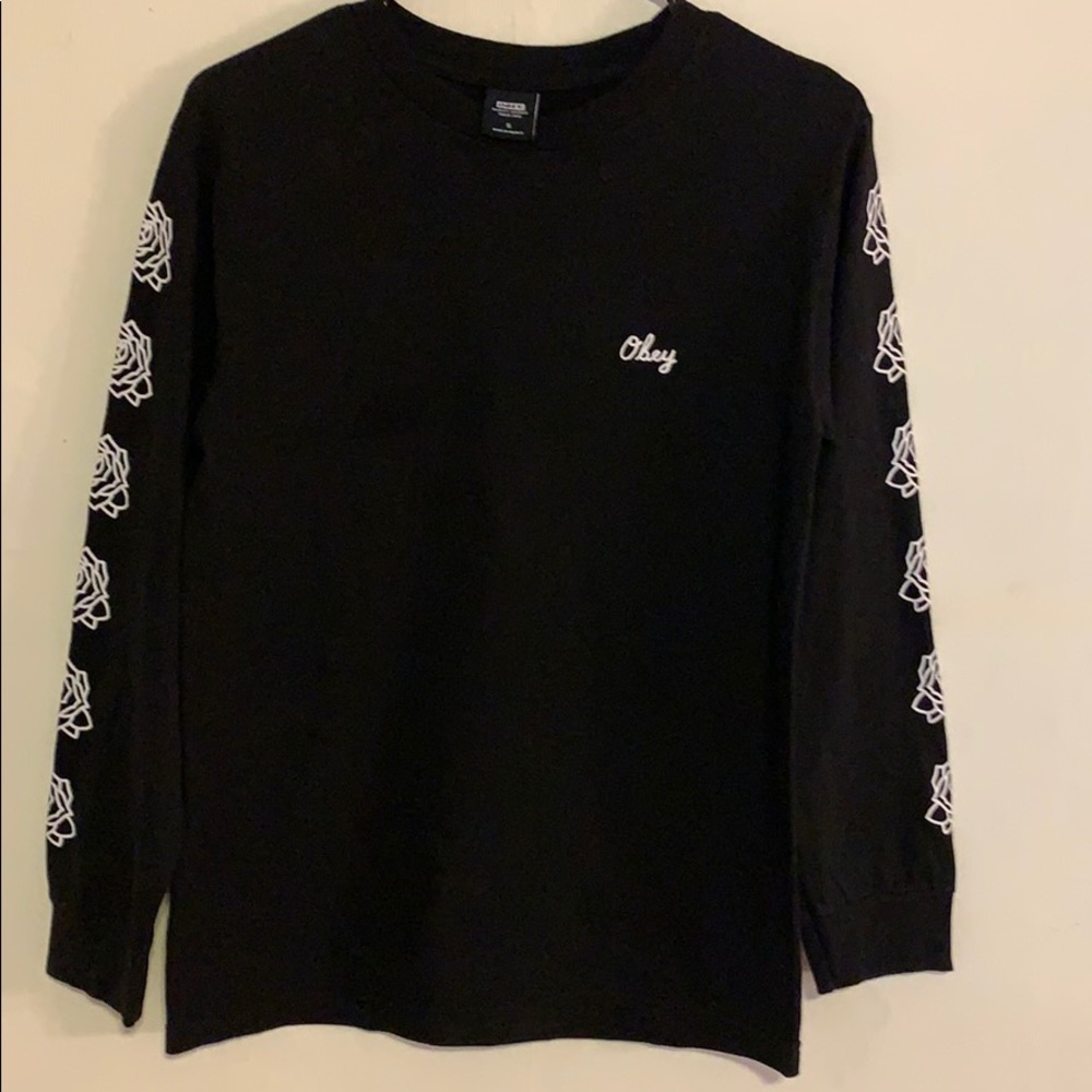 OBEY black tee shirt with emblems size S.